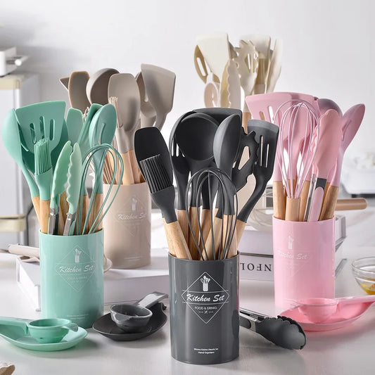 12Pcs Silicone Cooking Utensils Set Wooden Handle Kitchen Cooking Tool Non-stick Cookware Spatula Shovel Egg Kitchenware Beaters